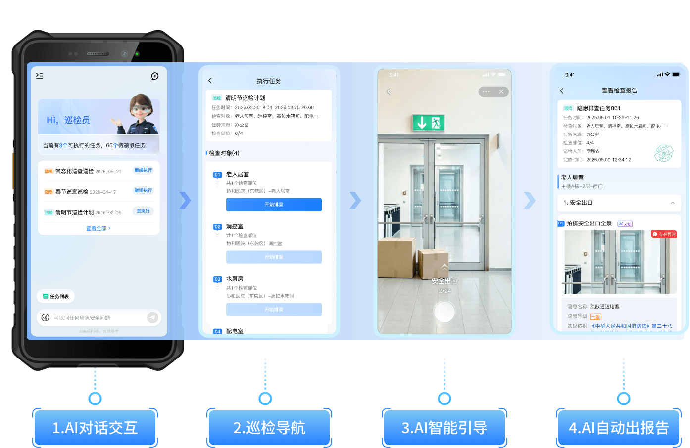 仅需一台AI终端<br/>安保人员零门槛<br/>高效率完成巡检巡查工作